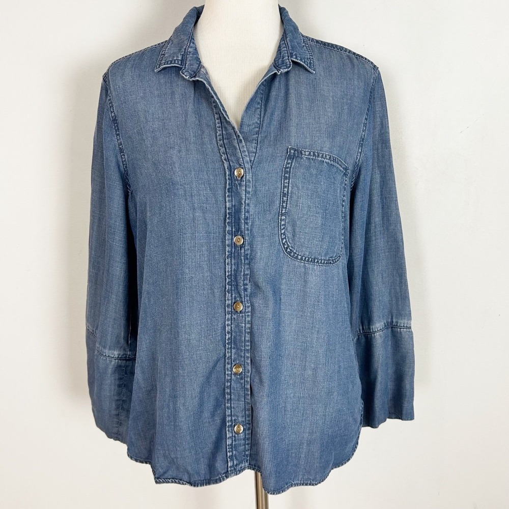 Bella Dahl Blue Chambray Button Down Shirt Hi Low Boho Size Large Women's